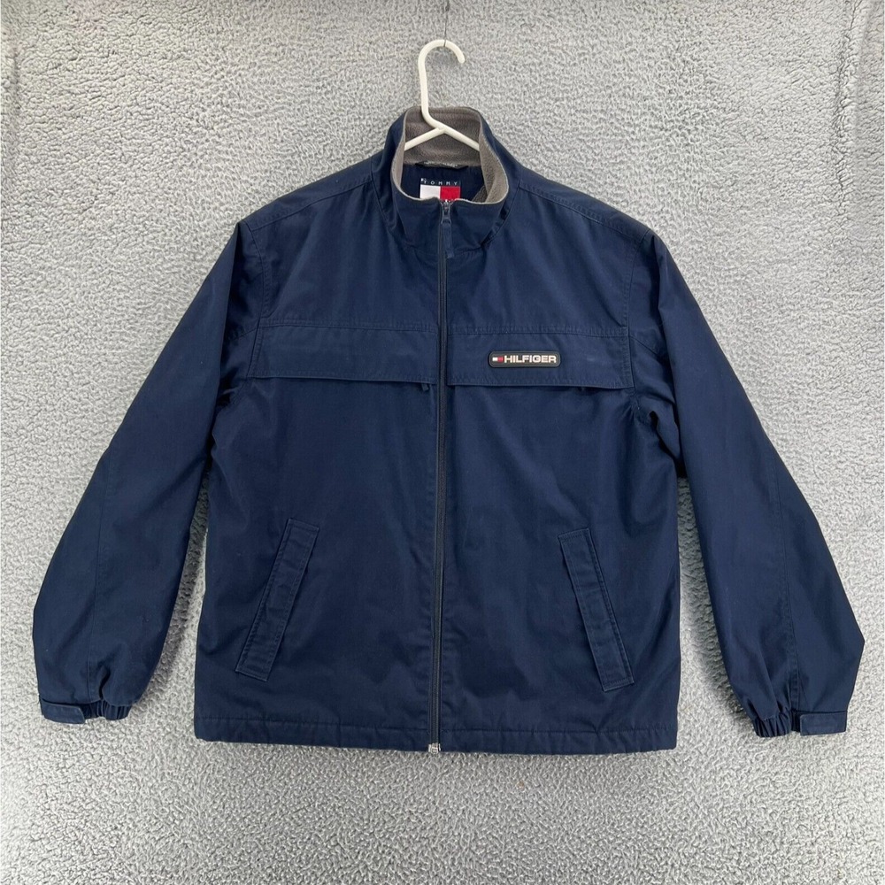 Vintage TOMMY HILFIGER Windbreaker Jacket Mens Medium Blue Full Zip Fleece Lined